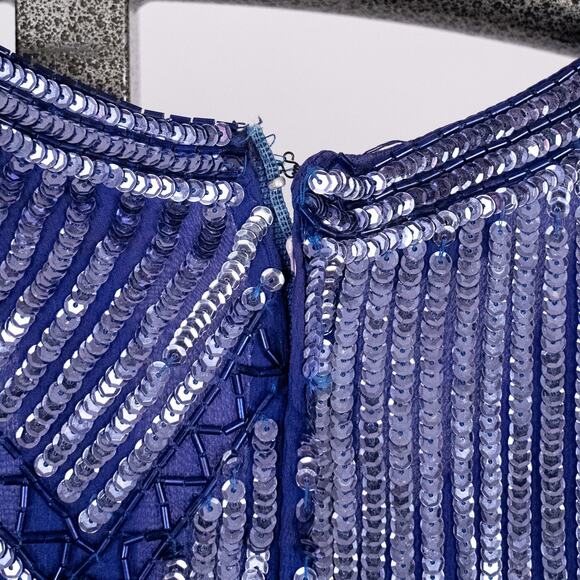 Vintage 80s Beaded Silk Cocktail Dress Women's SMALL Ruffle Asymmetric Hem Blue - Picture 9 of 9